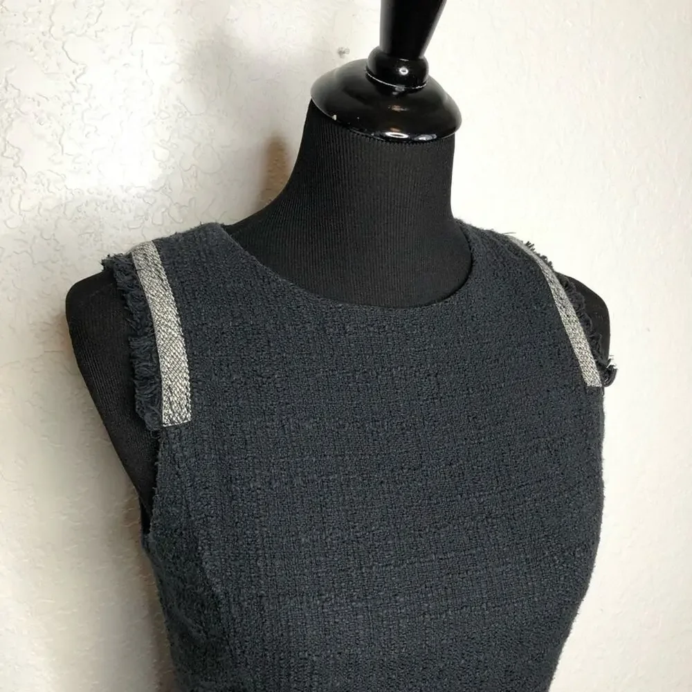 J Crew black fringe trim bouchle knit sleeveless sheath dress size 6